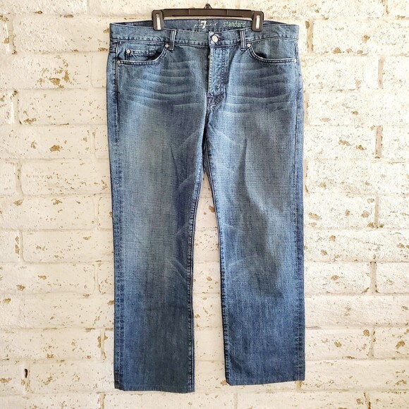 7 For All Mankind Standard Mens 38 Jeans ButtonFly Blue Wash Distressed Denim - Picture 1 of 11